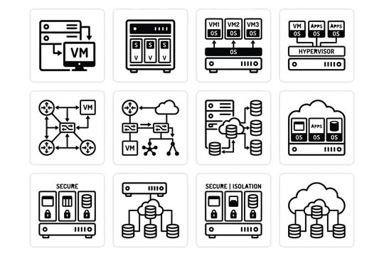 Server virtualization and cloud computing icons set
