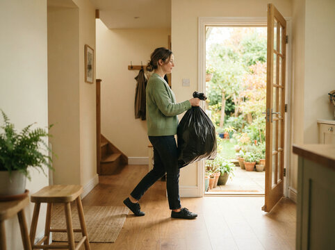 Woman carrying a rubbish bag over her shoulder in a bright home hallway
