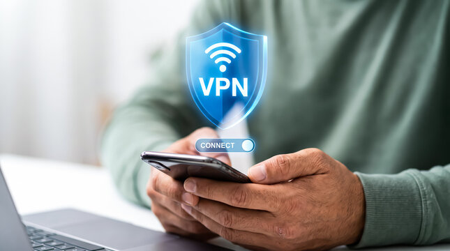Person using a smartphone with a glowing holographic vpn shield icon, concept of cybersecurity, secure internet connection, and online privacy