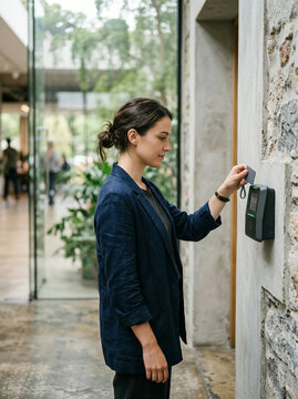 Woman tapping an access card on a reader mounted on a rough stone wall