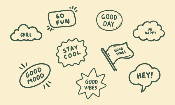 Positive Messages And Motivational Phrases Hand Drawn Doodle Icon Set. Expressions Of Good Mood, Happiness, And Encouragement Sketch Symbol Collection. Isolated Vector Illustration