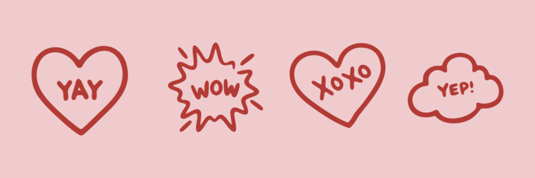 Positive Emotional Expressions And Casual Communication Hand Drawn Doodle Icon Set. Heart Sketch Symbol Collection. Social Media, Messaging, And Greeting Cards. Isolated Vector Illustration
