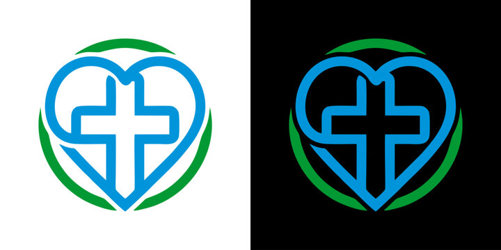 Linear Medical Cross Inside Heart Shape Icon Set for Healthcare and Christian Ministry Branding Concepts