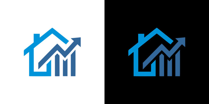 Blue real estate investment logo featuring house outline with rising financial bar chart and upward growth arrow on white and black backgrounds