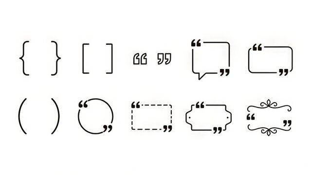 Quotation Marks and Brackets Line Icon Set &ndash; Speech, Citation, Text Formatting and Punctuation Symbols