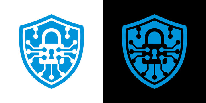 Digital security shield logo featuring padlock circuit design for cybersecurity protection and network data safety infrastructure