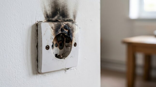 A close up view of a severely burned electrical outlet on a white wall showing the danger of an unplugged socket after a short circuit hazard incident, underscoring the power socket