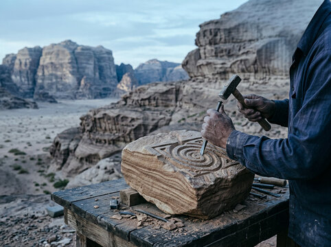Person carving sandstone with hammer and chisel above a desert canyon in daylight