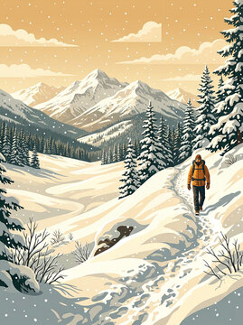 Hiker in an orange jacket walking a snow covered mountain path in soft daylight