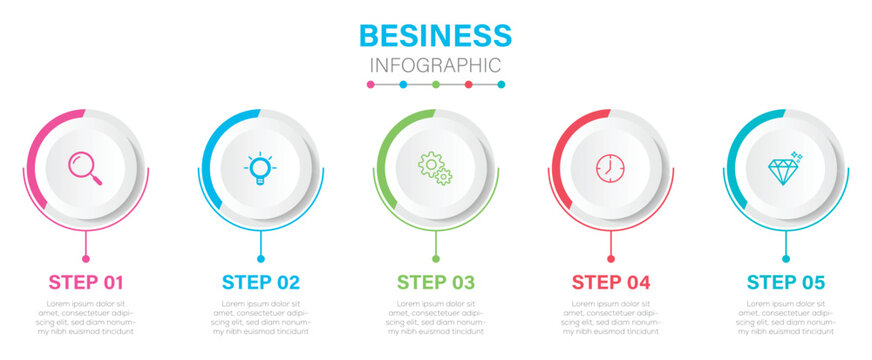 Business infographic circule template. with five Circular Progress Diagrams and Colorful Icons,For business strategy and workflow. Vector Illustration.