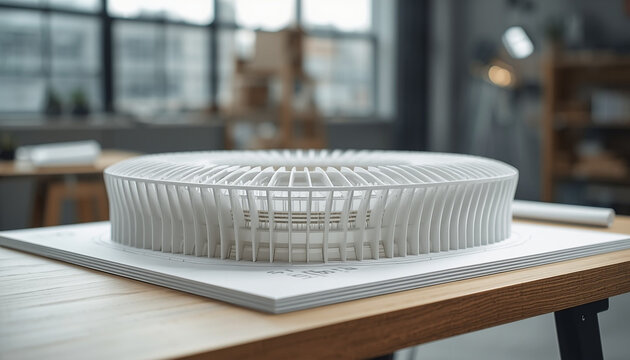 Precise 3D printed white architectural scale model of a modern stadium on a wooden drafting table
