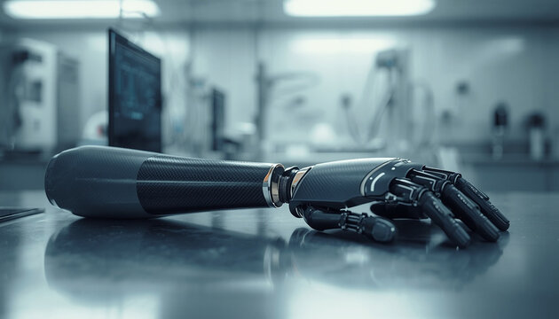 Advanced carbon fiber bionic prosthetic arm resting on a clean stainless steel laboratory table
