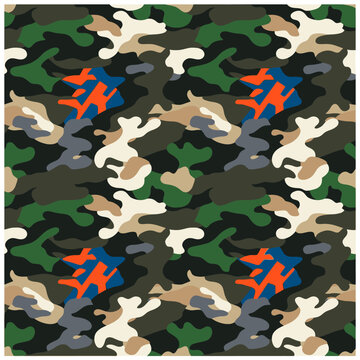 Military camouflage seamless vector pattern texture background design with orange and blue accents. EPS Editable