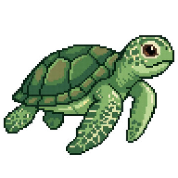 Cute Sea Turtle Pixel Art Illustration, Cute Pixel Art Sea Turtle Ocean Animal Design