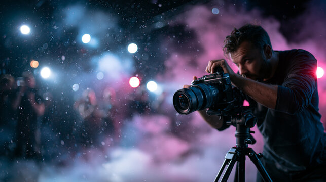 Professional Photographer Filming Event with Camera on Tripod