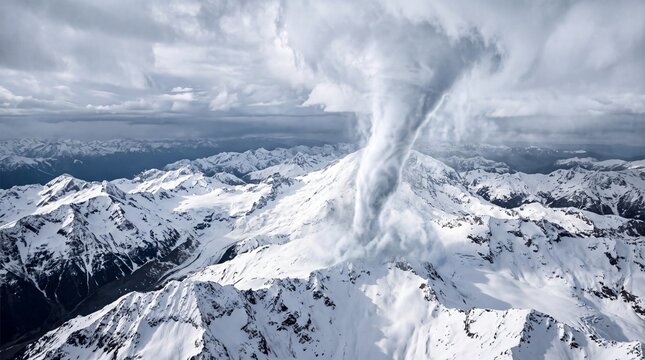 Massive Tornado Touching Down Over Snowy Mountain Range