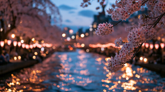 Cherry Blossoms Blooming Along River Canal at Night