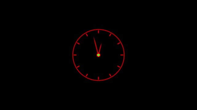 Time lapse Spinning clock animation in 12 Hour. Minimalist analog wall clock face with moving hands on black background