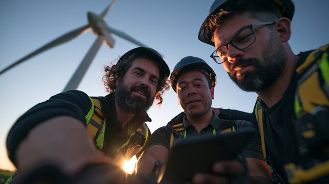 Engineers Inspecting Wind Turbine Using Digital Tablet Outdoors