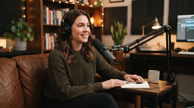 Smiling female podcaster wearing headphones speaking into a microphone in a cozy home broadcast studio