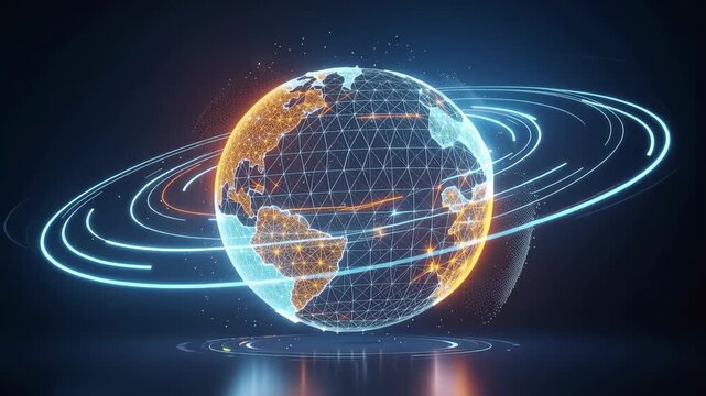 Digital globe spinning with vibrant illuminated networks showcasing global connectivity and technology innovation