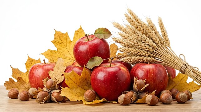 Fresh apples nuts and wheat arranged on wooden surface with autumn