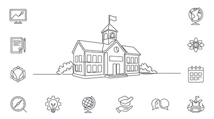 Obraz premium Classic school building with flag and surrounding bushes in a continuous line art style.