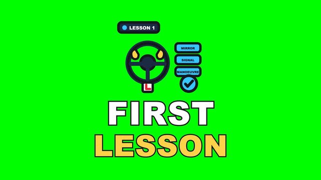 4K green screen FIRST LESSON animated text - the hands finding ten to two on the wheel, kinetic typography driving school overlay for learner content and social media, chroma key