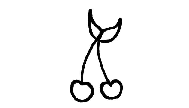 Hand-Drawn Pair of Cherries Outline Doodle Sketch &mdash; Two Cherry Fruit with Stems and Leaf, Minimal Line Art, White Background