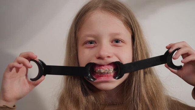 Close up of young girl with long hair holding orthodontic dental retractor around her mouth to show teeth and braces. subject remains still throughout allowing clear visibility of oral