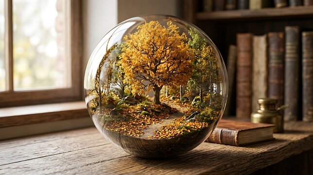 Miniature forest scene inside transparent glass orb on wooden surface