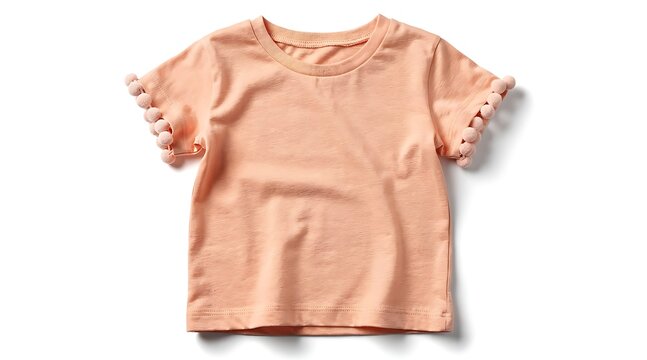 Peach colored childrens tshirt with pom pom sleeves.