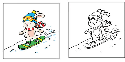 Fototapeta premium Cute Cartoon Rabbit Snowboarding Winter Sport Coloring Page Set with Color and Outline Vector Illustration for Kids Activity