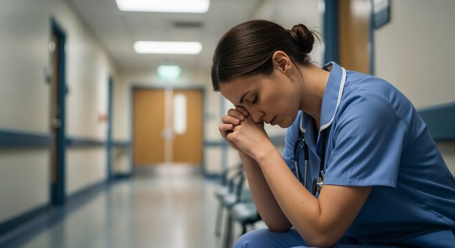 Exhausted nurse sitting in hospital hallway with scrubs and stethoscope, hands clasped and head bowed, exhausted nurse taking brief rest between long shifts under fluorescent lighting, empty corridor,