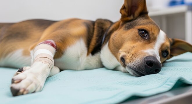 Dog wound dressing on veterinary exam table, injured mixed breed dog with bandaged front leg and intravenous catheter, calm patient receiving clinical medical care for recovery and treatment,
