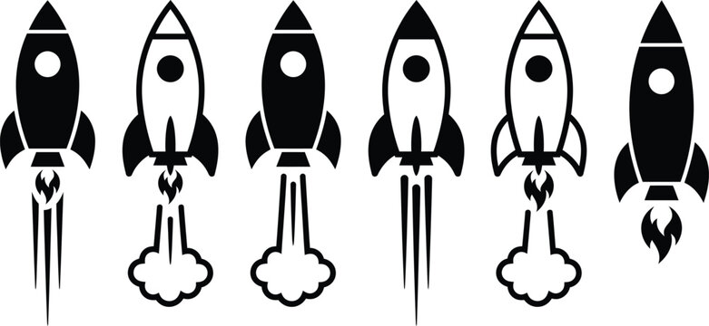 Minimalist rocket ship icons set, black and white spacecraft launch symbols, 6 vector rocket silhouettes for business startup and growth