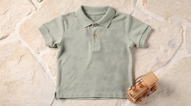 Pale green baby polo shirt with toy car.
