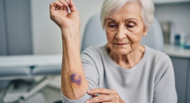 elderly bruised arm, senior woman showing large purple bruise on inner forearm with skin thinning and age spots, caregiver examining swelling in clinical setting on elderly bruised arm,