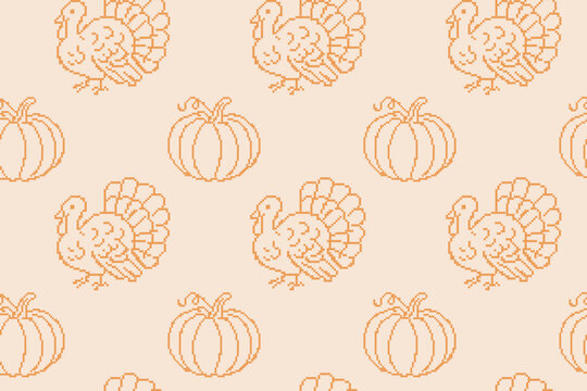 Thanksgiving cross stitch embroidery seamless pattern banner. Vintage pixelated needlework repeating background with handmade pumpkin and turkey vector illustration.