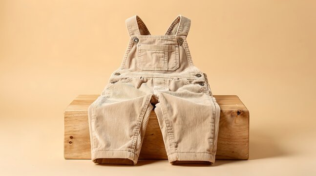 Folded beige baby denim overalls on wooden crate.