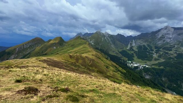 Panorama of the Col d Aubisque, in the French Pyrenees massif, symbol of the Tour de France, in Bearn, France 