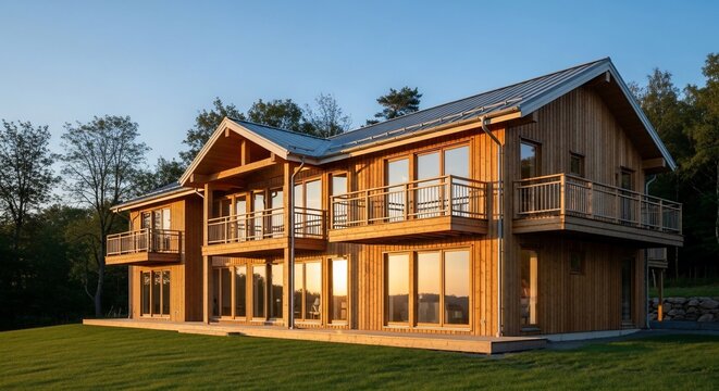木造二階建て住宅、夕日、芝生、森、景観