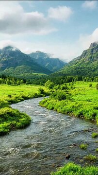 Aerial view of a pristine mountain river flowing through lush green valleys and dense forests with snow-capped peaks in the background