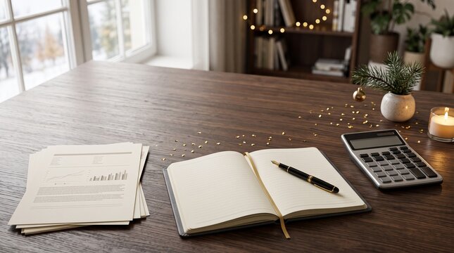 End of year financial planning concept. Blank notebook, pen, calculator, and charts on a wooden desk with festive Christmas lights and cozy winter background.