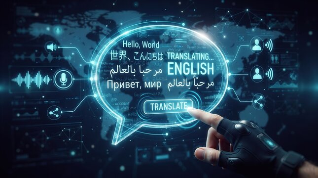 Hand touching virtual translate button on digital HUD display with multilingual speech bubble and world map for global communication concept and AI machine translation technology marketing.