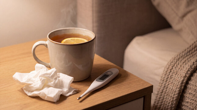 A steaming mug of tea with lemon sits beside used tissue and a thermometer on a nightstand, showing signs of cold and flu recovery. Concept of home remedies, fever treatment, and seasonal illness care