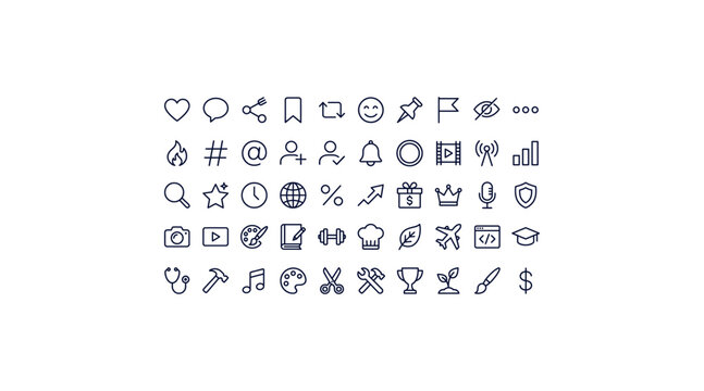 Social media interaction and content category outline vector icon set
