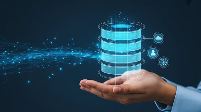 A hand holding a glowing database server icon with digital connections spreading outwards. The image represents data management and technology