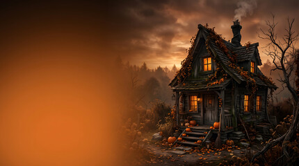 Obraz premium Spooky Halloween Cottage Background with Copy Space for Banner Design