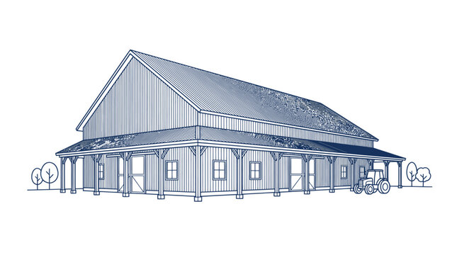 Architectural Sketch of a Large Barn with Wrap-around Porch.
